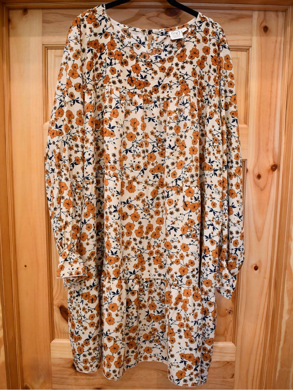Boho Floral Long-Sleeve Tiered Dress Cream with Orange Flowers XXXL